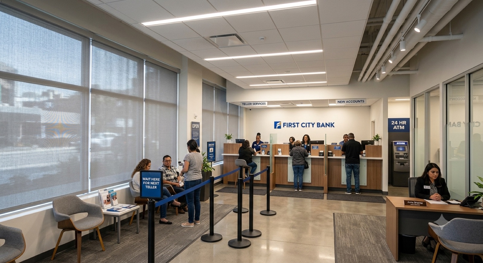 Bank branch lobby with floor-to-ceiling roller shades