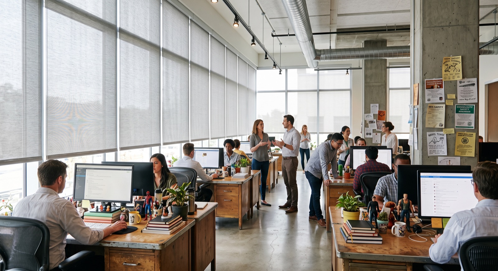 Creative office loft with roller shades over large windows