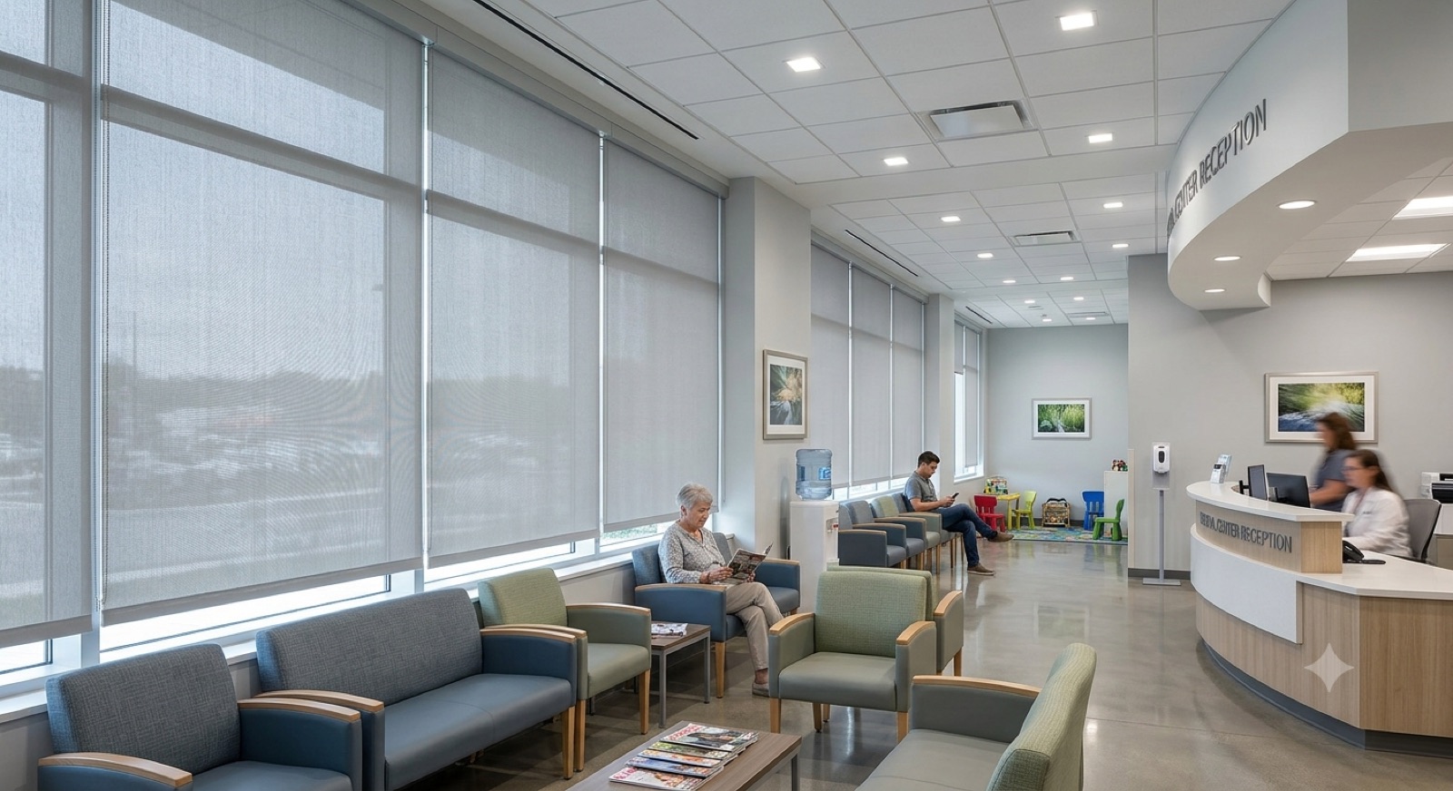 Medical clinic waiting room with light-filtering roller shades