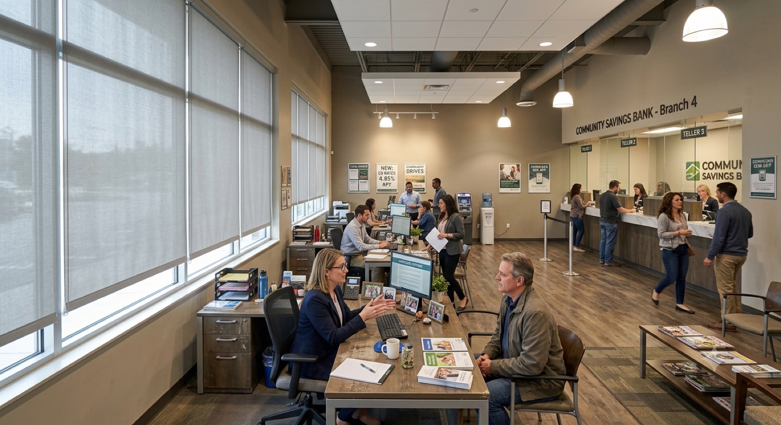 Community savings bank branch with roller shades