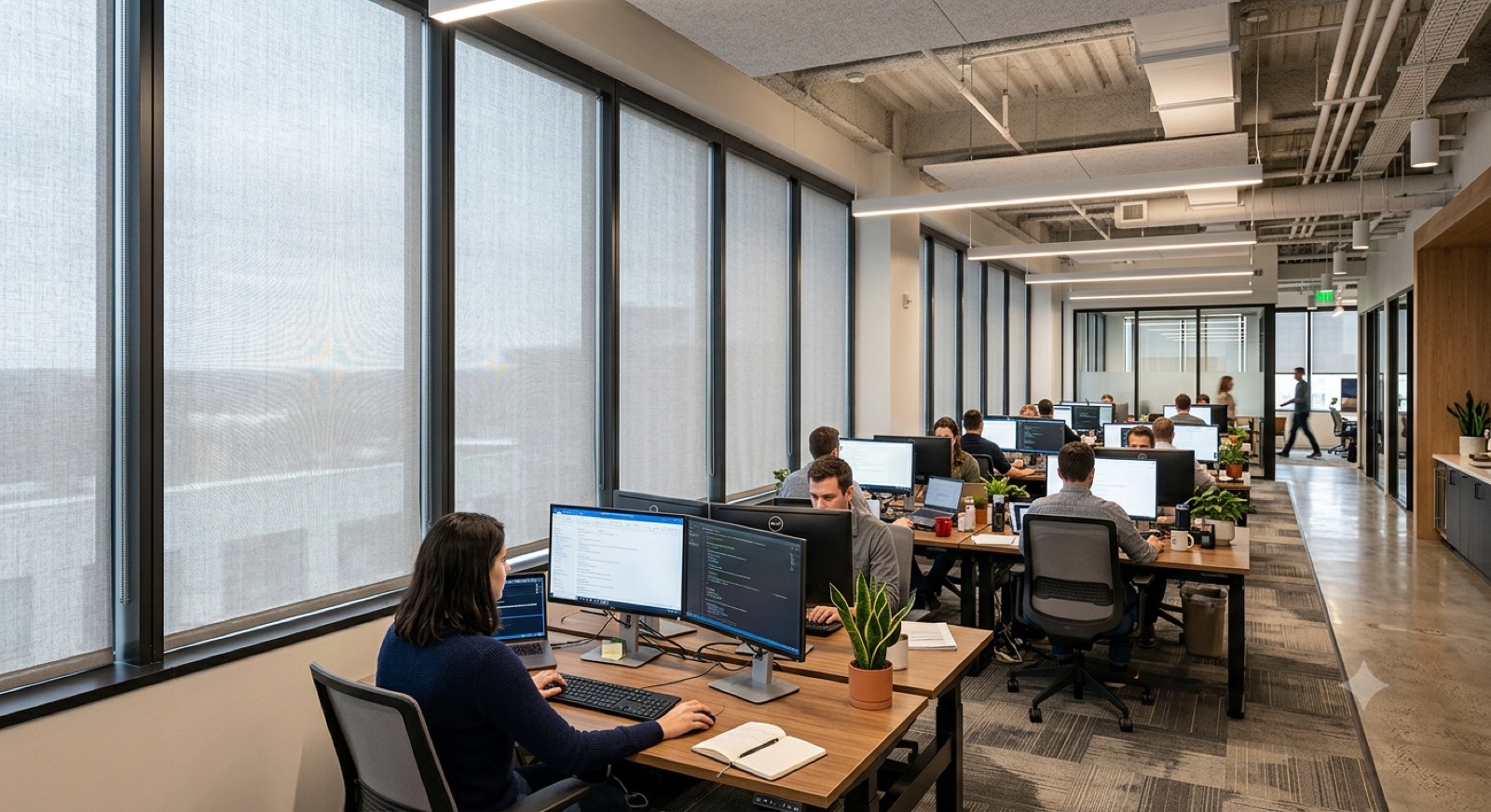 Open-plan office with roller shades and natural light